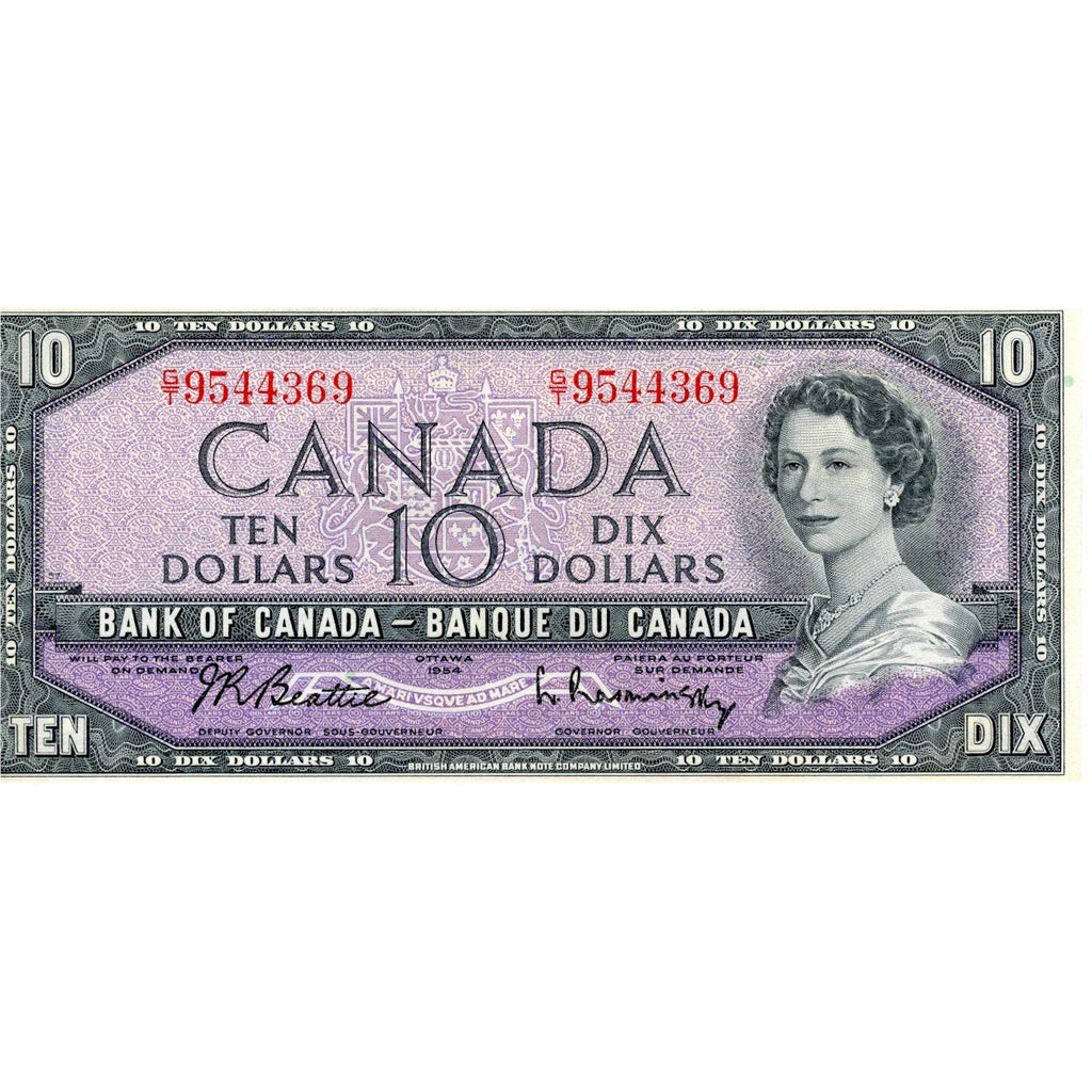 BC-40b 1954 Canada $10 Beattie-Rasminsky, G/T, Almost Uncirculated (AU50)