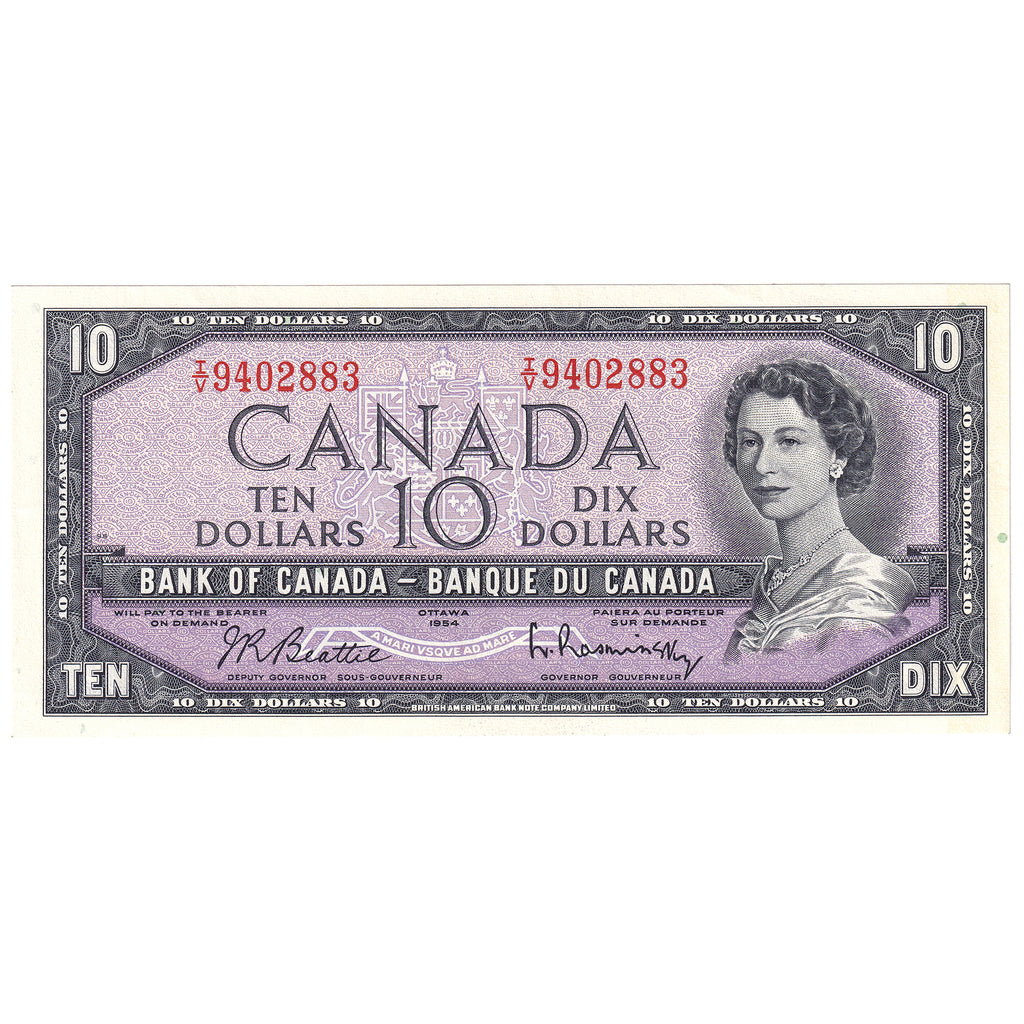 BC-40b 1954 Canada $10 Beattie-Rasminsky, I/V, Almost Uncirculated (AU50)