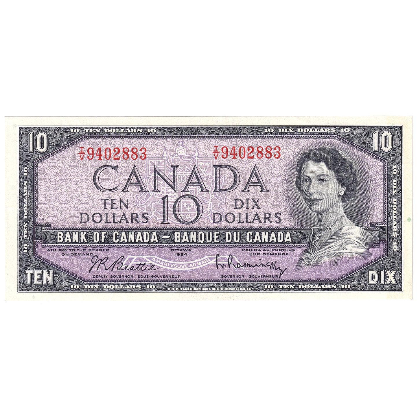 BC-40b 1954 Canada $10 Beattie-Rasminsky, I/V, Almost Uncirculated (AU50)