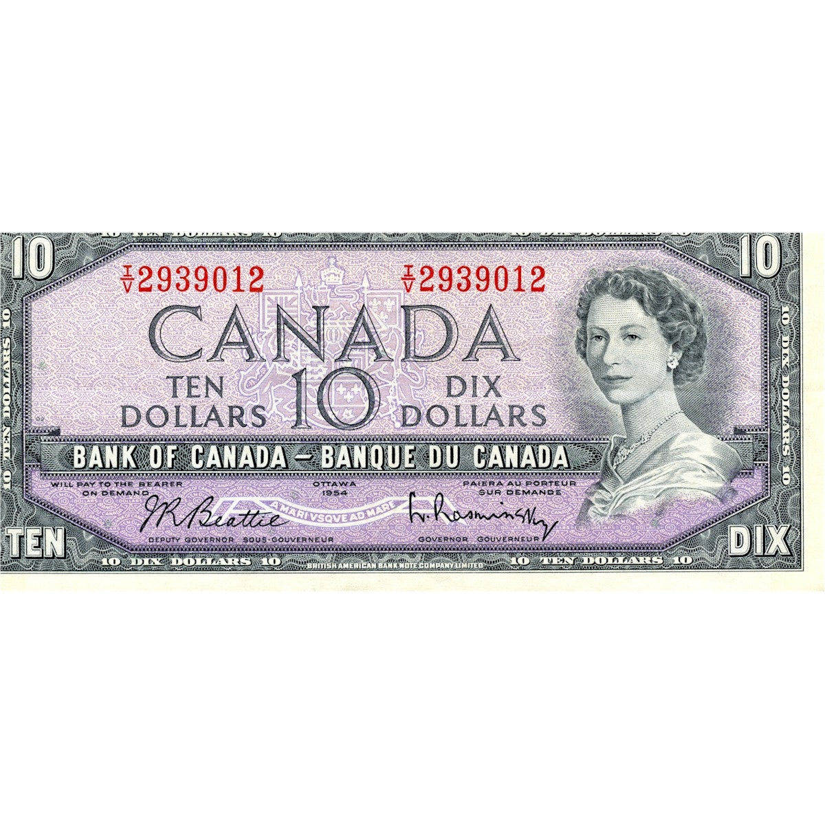 BC-40b 1954 Canada $10 Beattie-Rasminsky, I/V, Extra Fine (EF40)