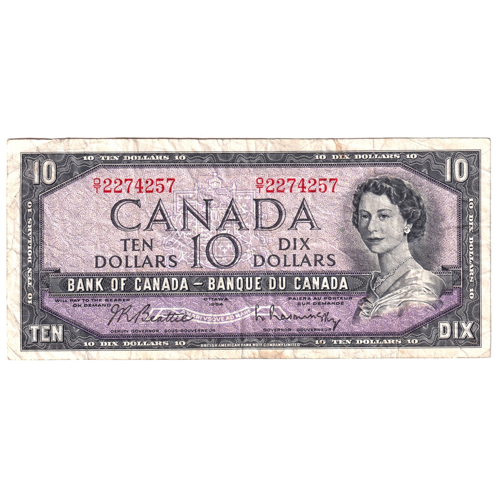 BC-40b 1954 Canada $10 Beattie-Rasminsky, O/T, Very Fine (VF20)