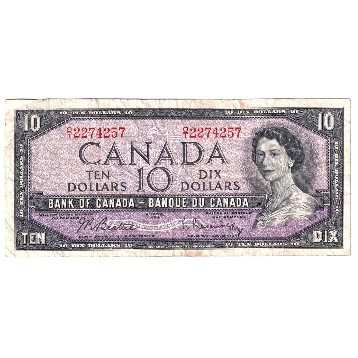BC-40b 1954 Canada $10 Beattie-Rasminsky, O/T, Very Fine (VF20)
