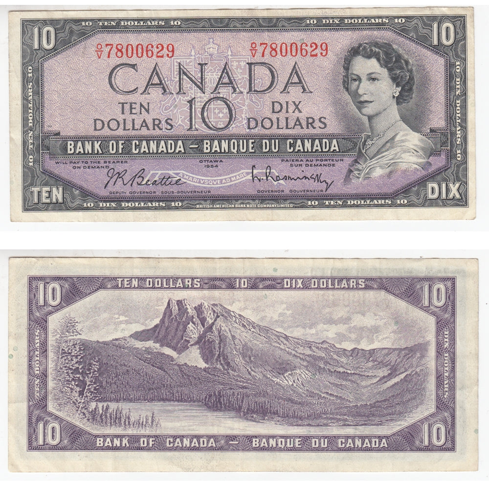 BC-40b 1954 Canada $10 Beattie-Rasminsky, O/V, Very Fine (VF20)