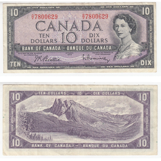 BC-40b 1954 Canada $10 Beattie-Rasminsky, O/V, Very Fine (VF20)
