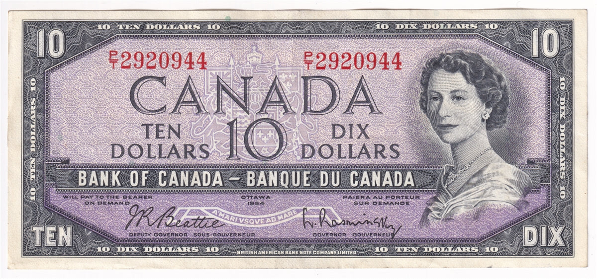 BC-40b 1954 Canada $10 Beattie-Rasminsky, P/T, EF