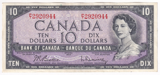 BC-40b 1954 Canada $10 Beattie-Rasminsky, P/T, EF