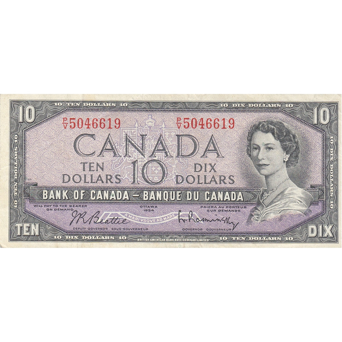 BC-40b 1954 Canada $10 Beattie-Rasminsky, P/V, VF