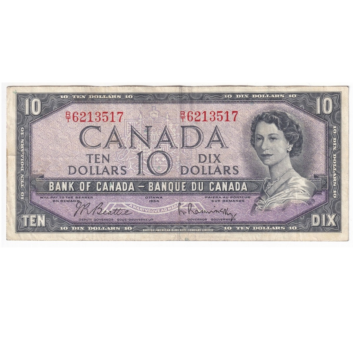 BC-40b 1954 Canada $10 Beattie-Rasminsky, R/T, Very Fine (VF20)