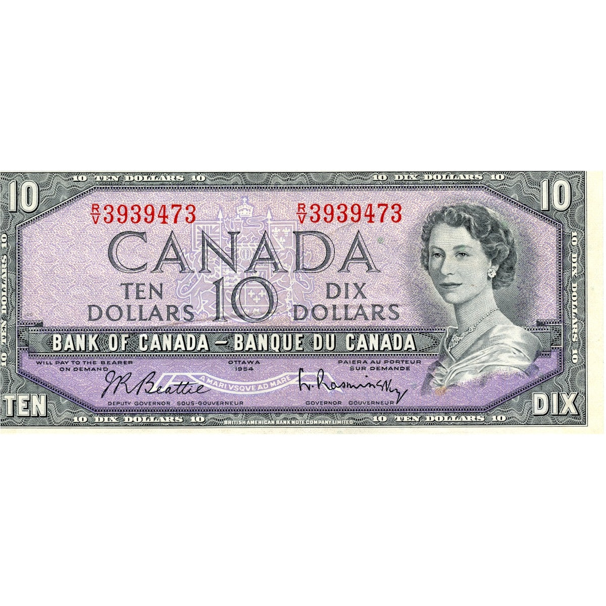 BC-40b 1954 Canada $10 Beattie-Rasminsky, R/V, EF