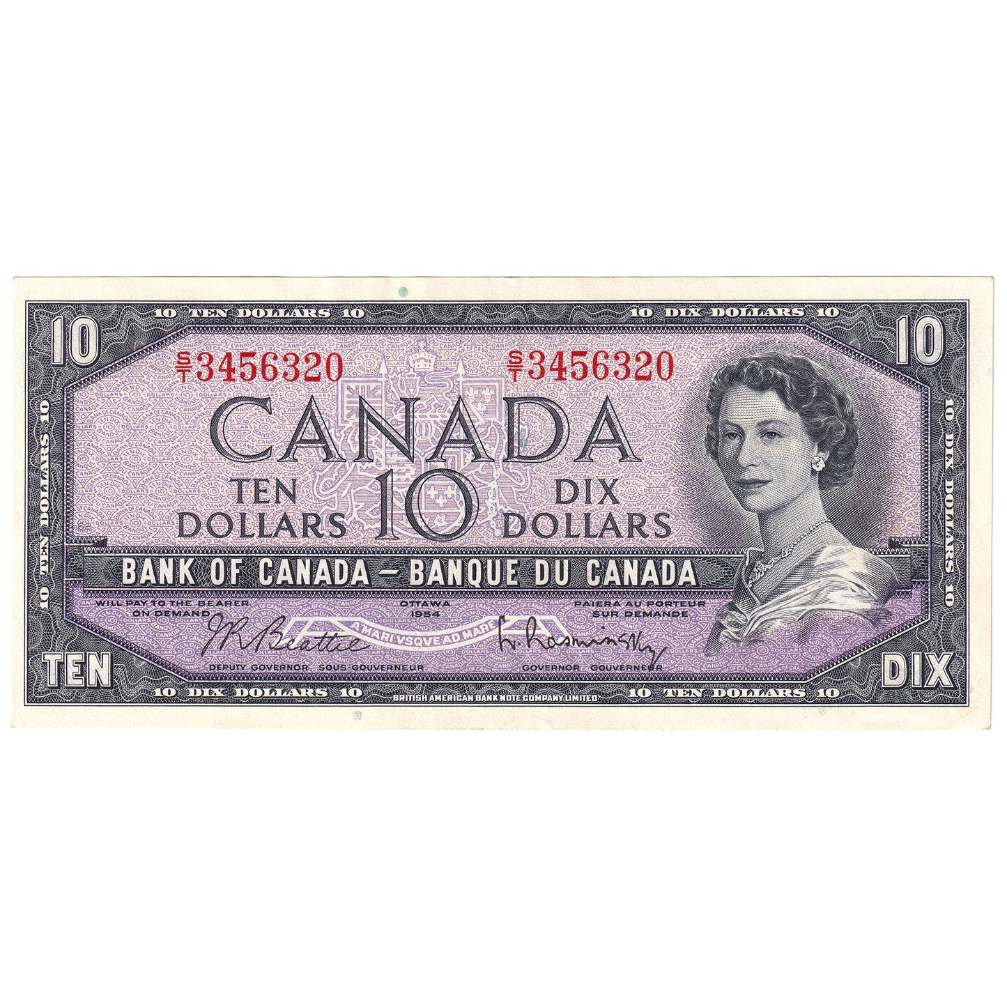 BC-40b 1954 Canada $10 Beattie-Rasminsky, S/T, Almost Uncirculated (AU50)