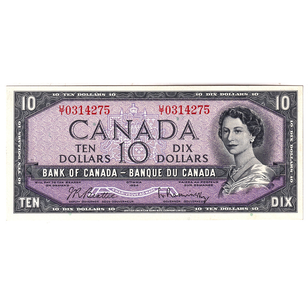 BC-40b 1954 Canada $10 Beattie-Rasminsky, U/T, Almost Uncirculated (AU50)