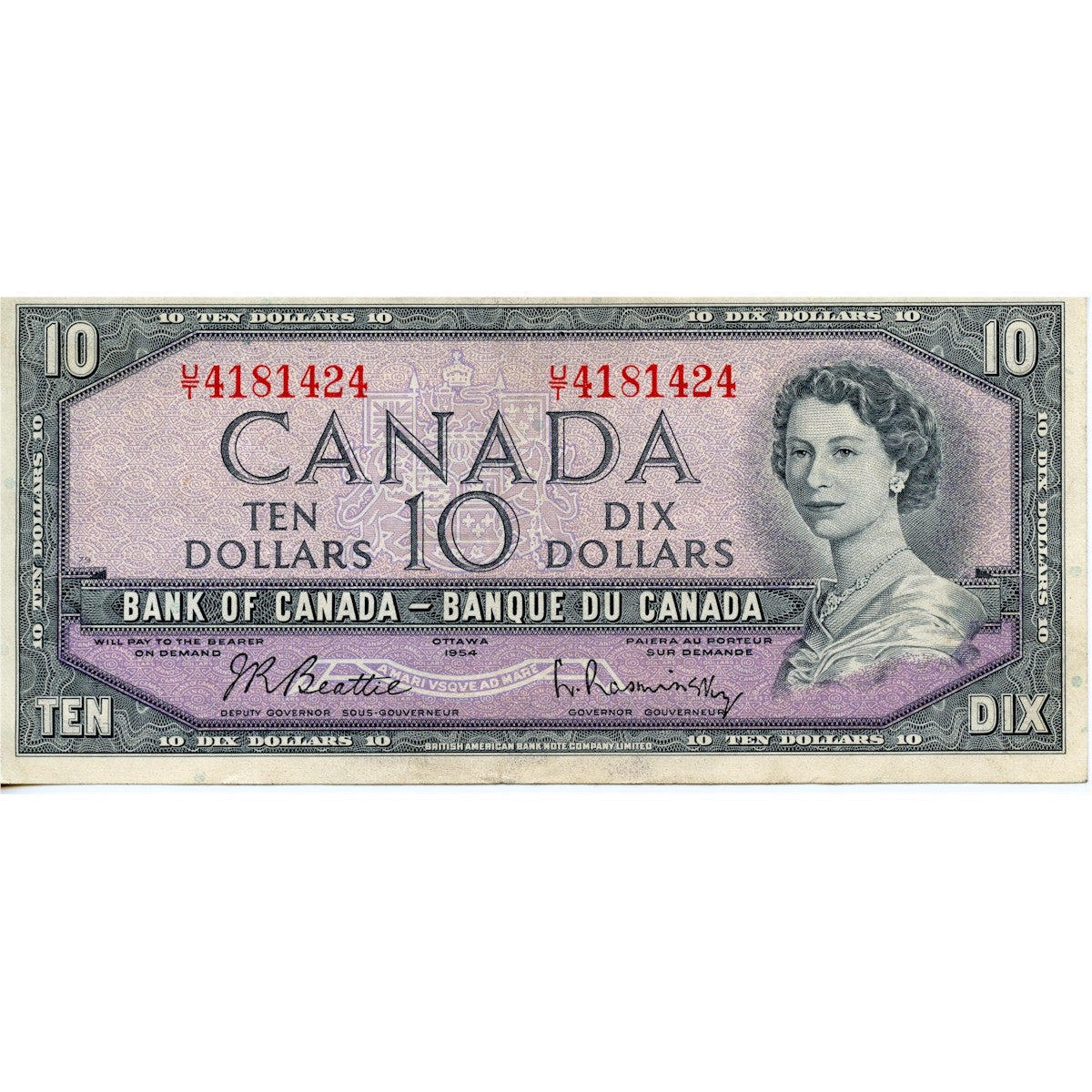 BC-40b 1954 Canada $10 Beattie-Rasminsky, U/T, Very Fine (VF20)