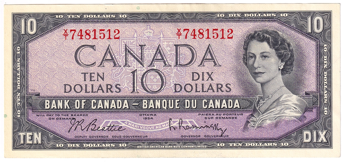 BC-40b 1954 Canada $10 Beattie-Rasminsky, X/T, Almost Uncirculated (AU50)