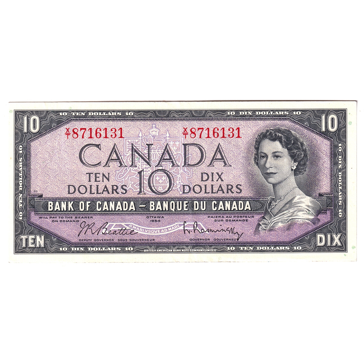 BC-40b 1954 Canada $10 Beattie-Rasminsky, X/T, Extra Fine (EF40)