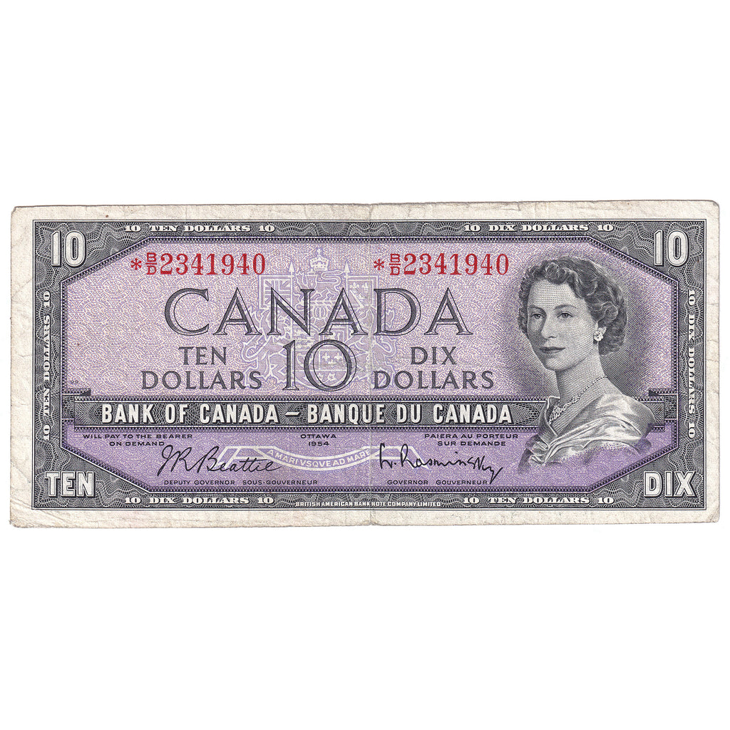 BC-40bA 1954 Canada $10 Beattie-Rasminsky, *B/D, circ