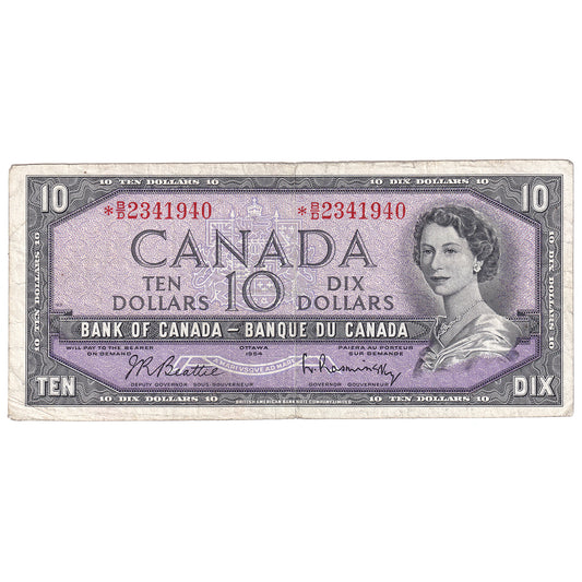 BC-40bA 1954 Canada $10 Beattie-Rasminsky, *B/D, circ