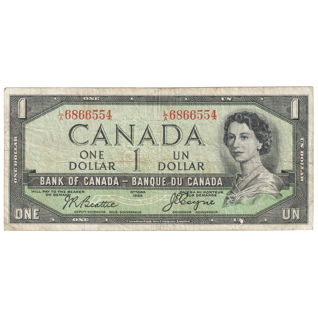 BC-29b 1954 Canada $1 Beattie-Coyne, Devil's Face, L/A, Very Good (VG8)