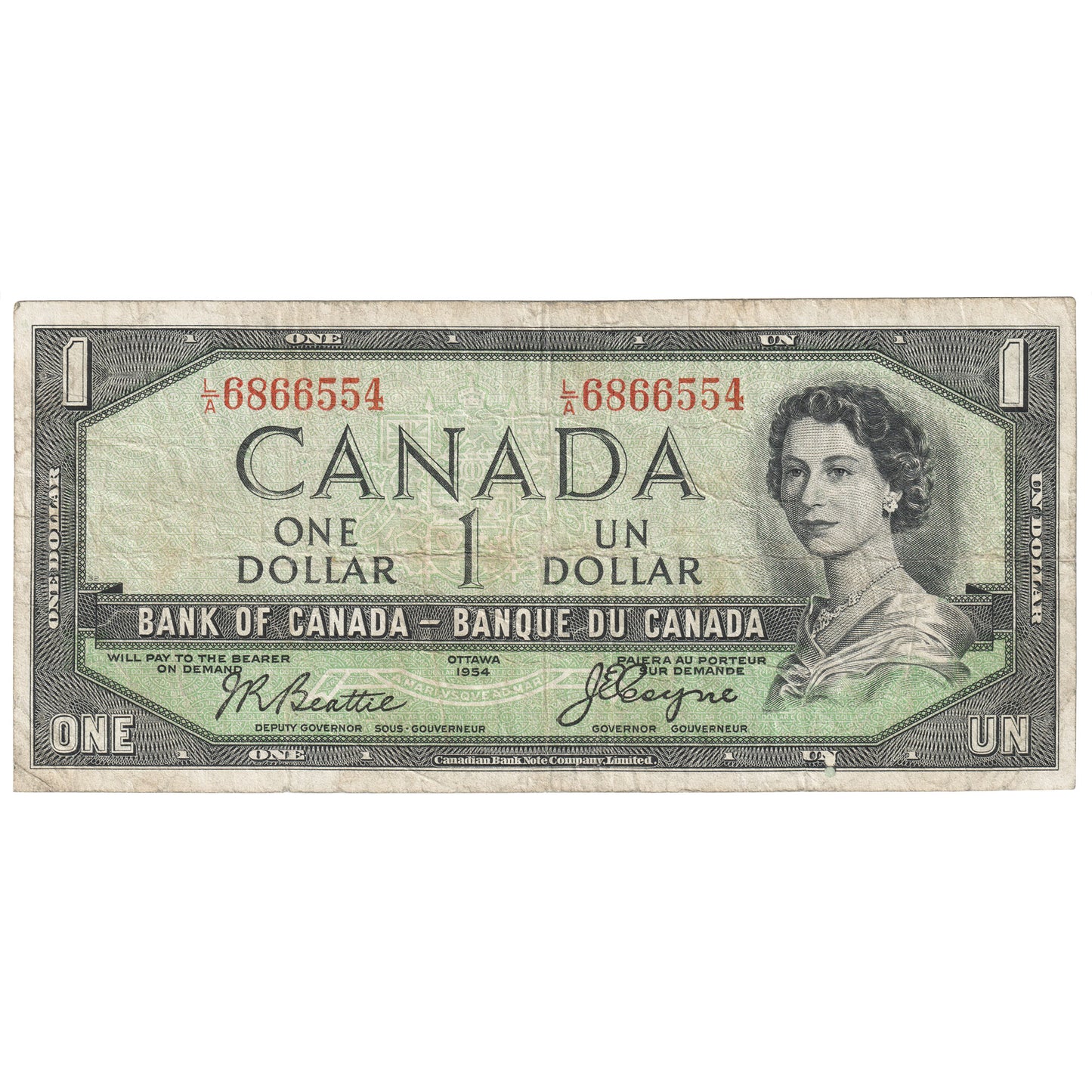 BC-29b 1954 Canada $1 Beattie-Coyne, Devil's Face, L/A, Very Good (VG8)