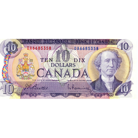 BC-49a 1971 Canada $10 Beattie-Rasminsky, DA, Almost Uncirculated (AU50)