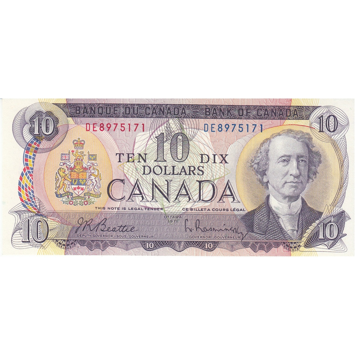 BC-49a 1971 Canada $10 Beattie-Rasminsky, DE, Choice Uncirculated (CUNC63)