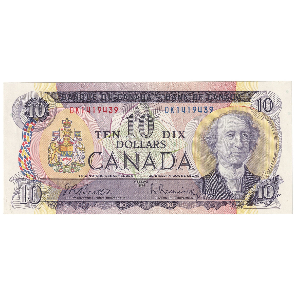 BC-49a 1971 Canada $10 Beattie-Rasminsky, DK, Uncirculated (MS60)
