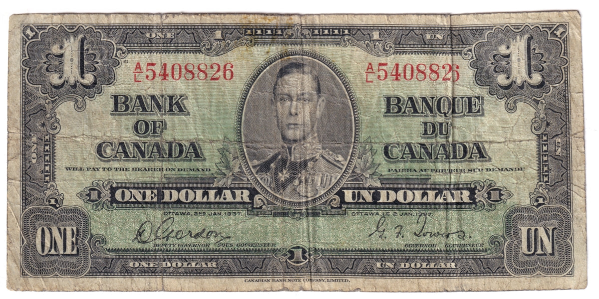 BC-21c 1937 Canada $1 Gordon-Towers, A/L, CIRC