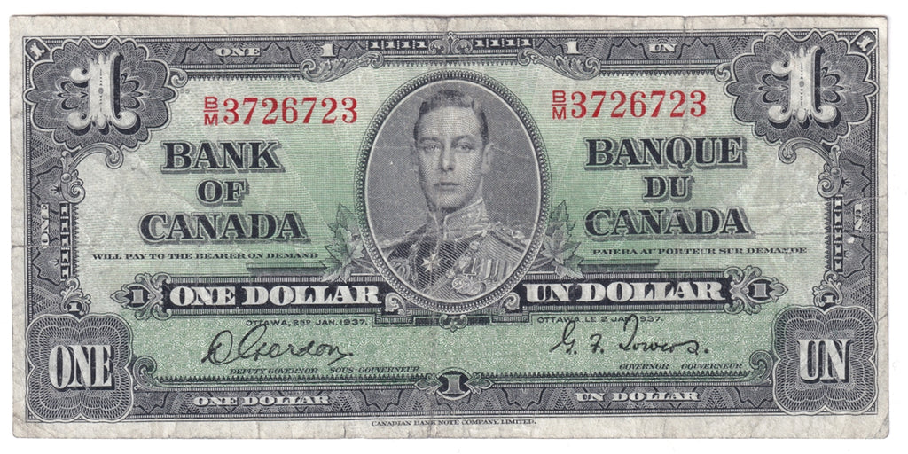 BC-21c 1937 Canada $1 Gordon-Towers, B/M, CIRC