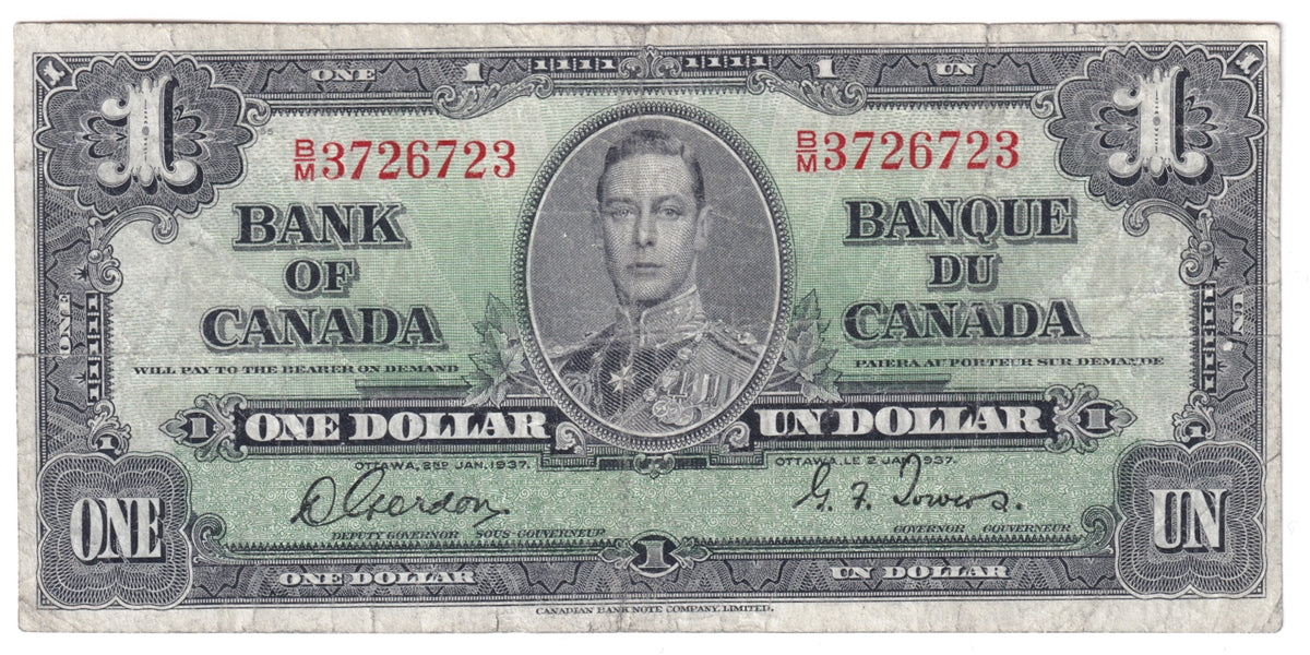 BC-21c 1937 Canada $1 Gordon-Towers, B/M, CIRC