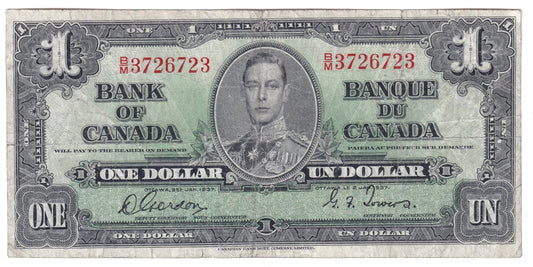 BC-21c 1937 Canada $1 Gordon-Towers, B/M, CIRC