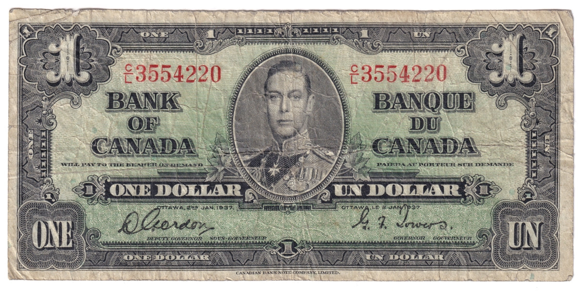 BC-21c 1937 Canada $1 Gordon-Towers, C/L, CIRC