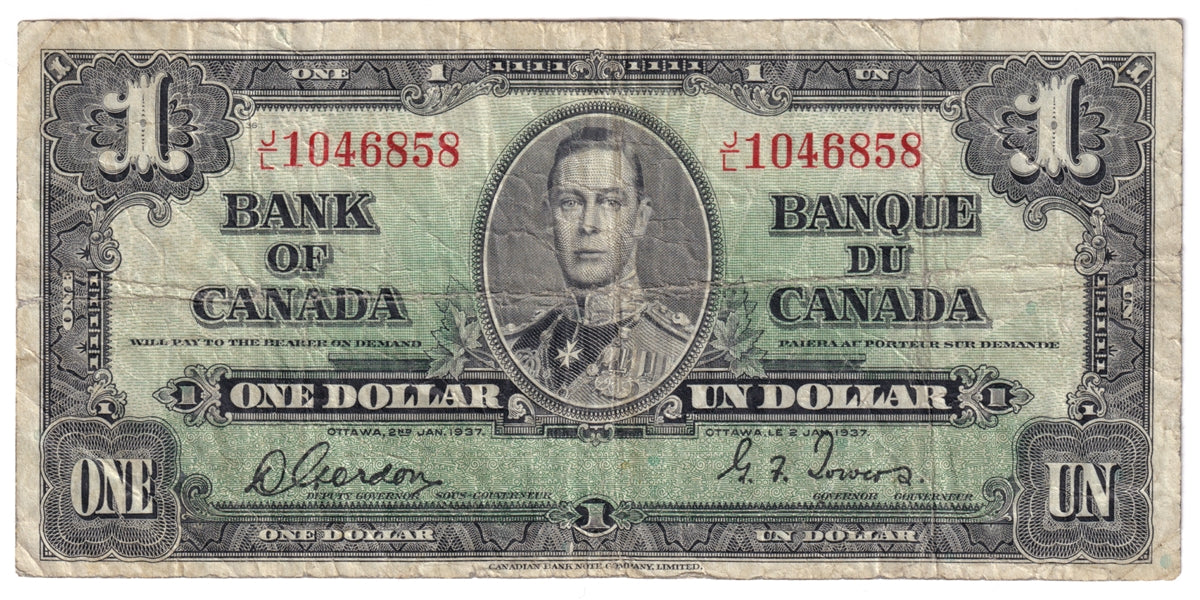 BC-21c 1937 Canada $1 Gordon-Towers, J/L, CIRC