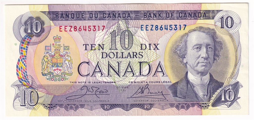 BC-49d 1971 Canada $10 Crow-Bouey, EEZ, Almost Uncirculated (AU50)