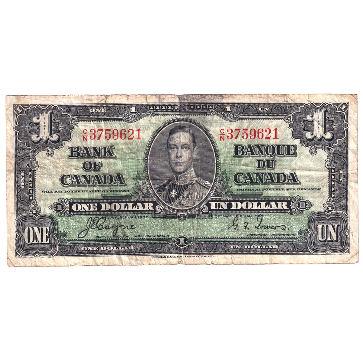 BC-21d 1937 Canada $1 Coyne-Towers, C/N, CIRC