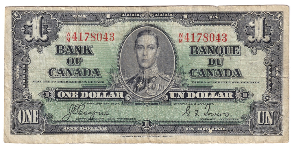 BC-21d 1937 Canada $1 Coyne-Towers, W/M, CIRC