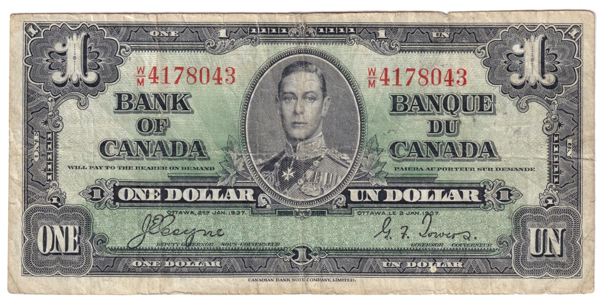 BC-21d 1937 Canada $1 Coyne-Towers, W/M, CIRC