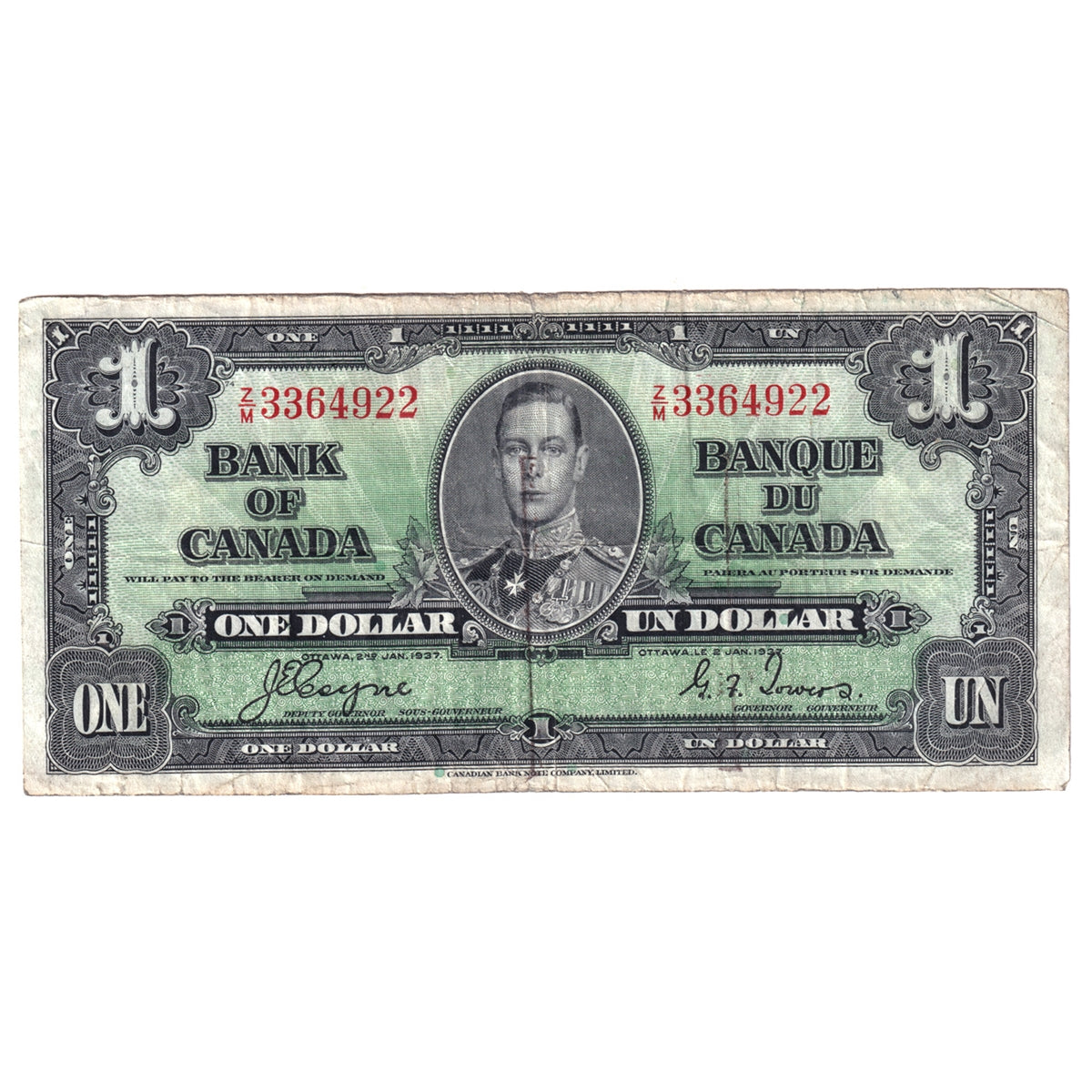 BC-21d 1937 Canada $1 Coyne-Towers, Z/M, CIRC