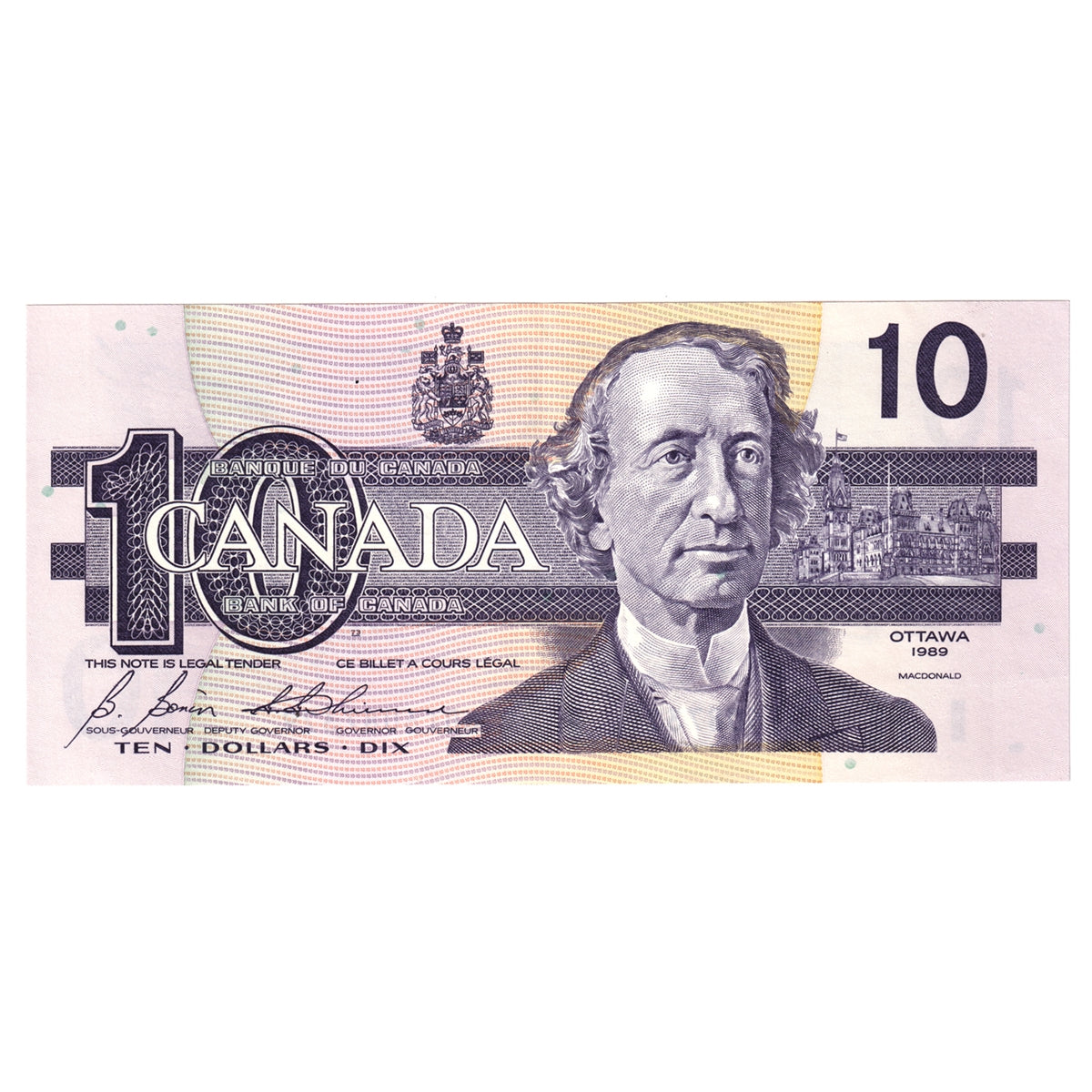 BC-57b 1989 Canada $10 Bonin-Thiessen, BDT, Almost Uncirculated (AU50)