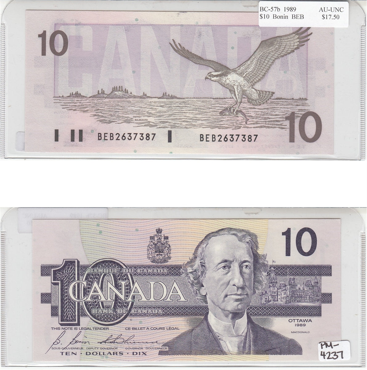 BC-57b 1989 Canada $10 Bonin-Thiessen, BEB, AU-UNC (AU55)