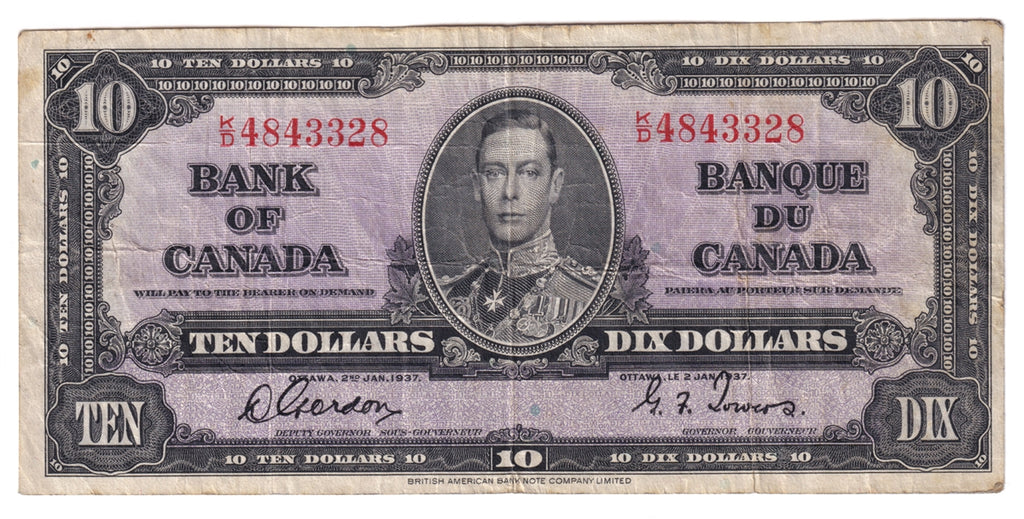 BC-24b 1937 Canada $10 Gordon-Towers, K/D, CIRC