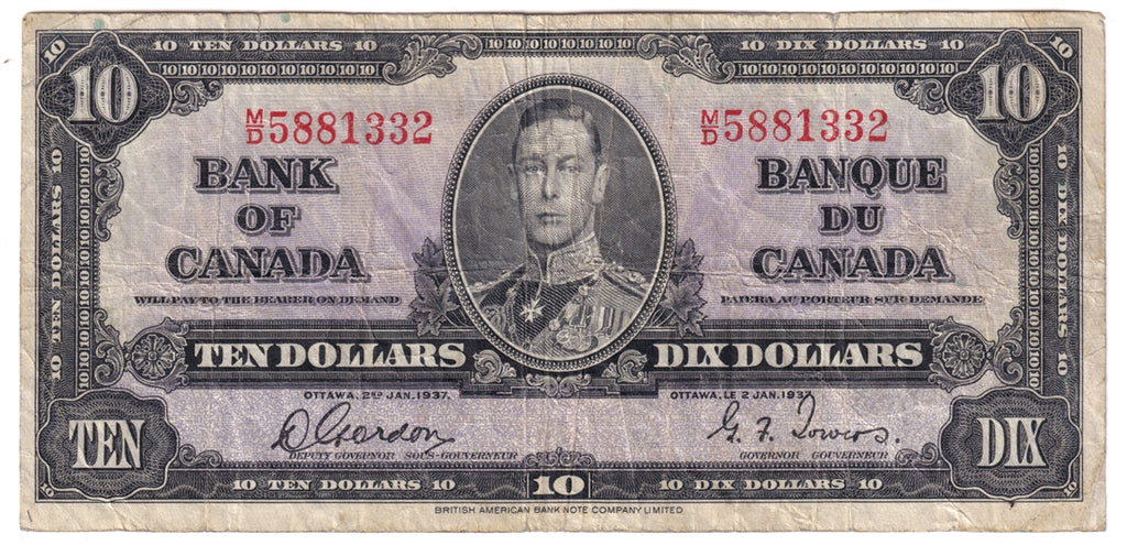 BC-24b 1937 Canada $10 Gordon-Towers, M/D, CIRC
