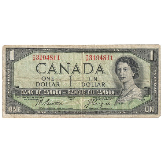BC-29b 1954 Canada $1 Beattie-Coyne, Devil's Face, T/A, Circulated