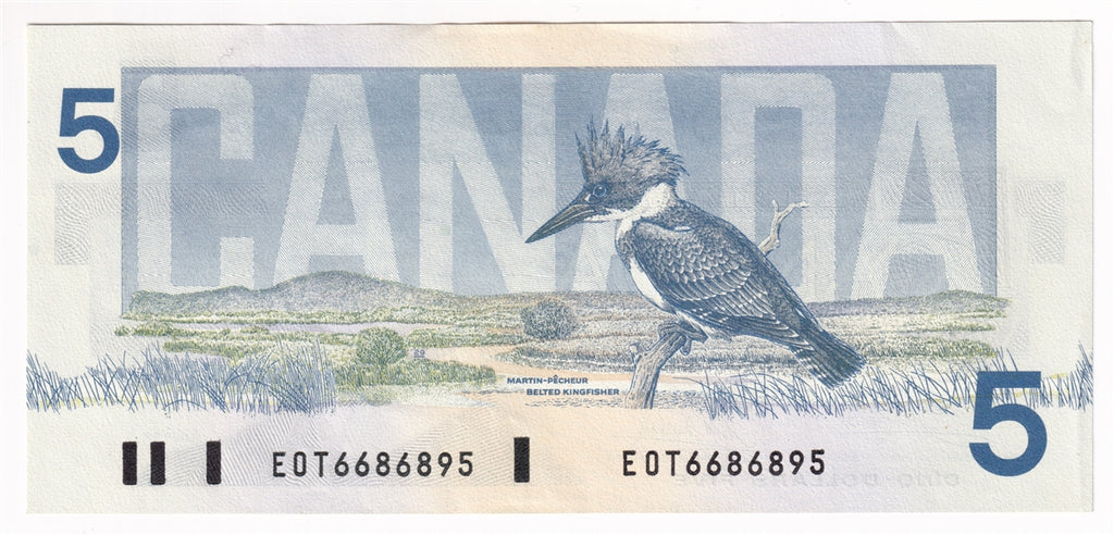 BC-56a-i 1986 Canada $5 Crow-Bouey, EOT, Almost Uncirculated (AU50)