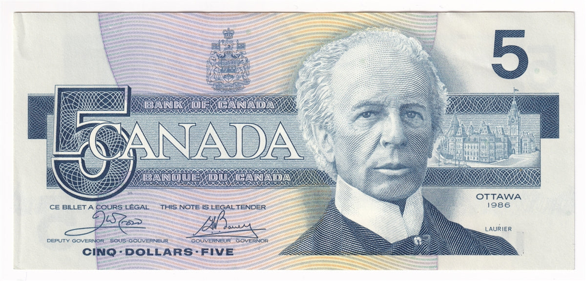 BC-56a-i 1986 Canada $5 Crow-Bouey, EOT, Almost Uncirculated (AU50)