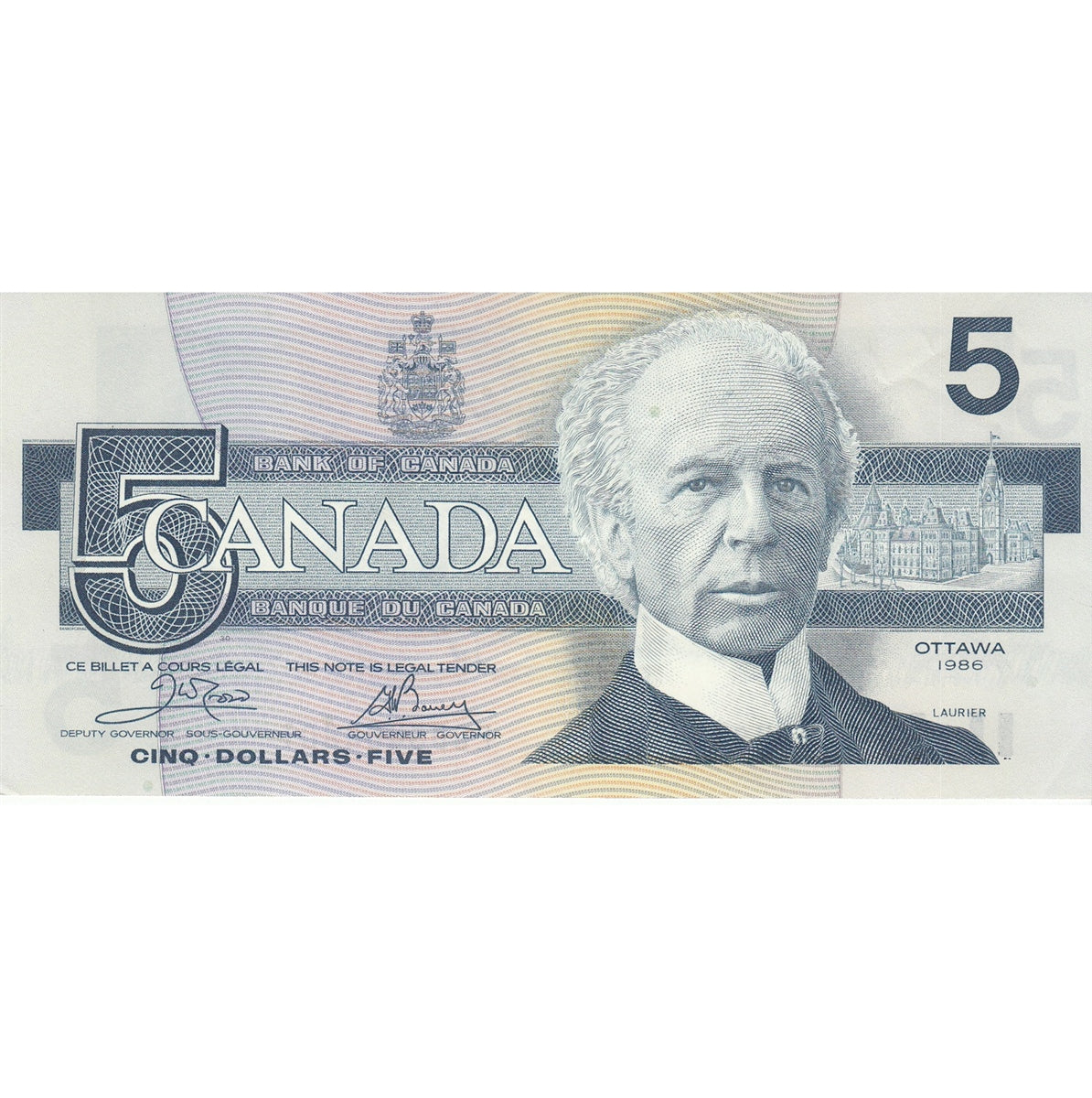 BC-56a-i 1986 Canada $5 Crow-Bouey, EOU, Almost Uncirculated (AU50)