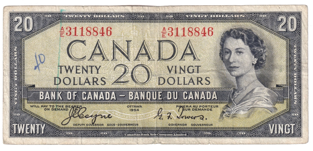 BC-33a 1954 Canada $20 Coyne-Towers, Devil's Face, A/E, CIRC