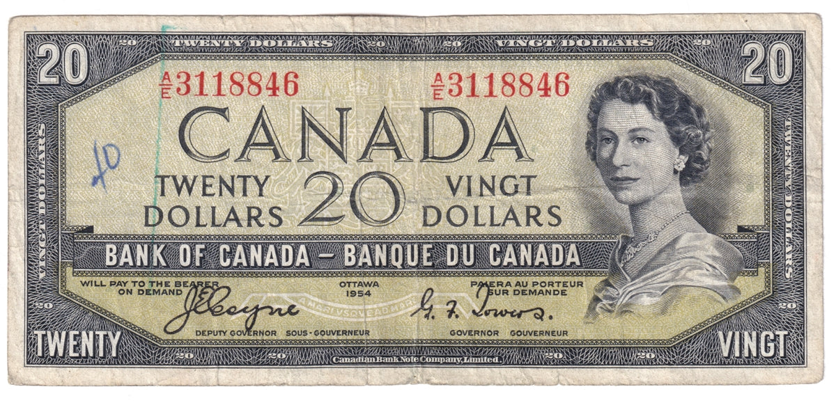 BC-33a 1954 Canada $20 Coyne-Towers, Devil's Face, A/E, CIRC