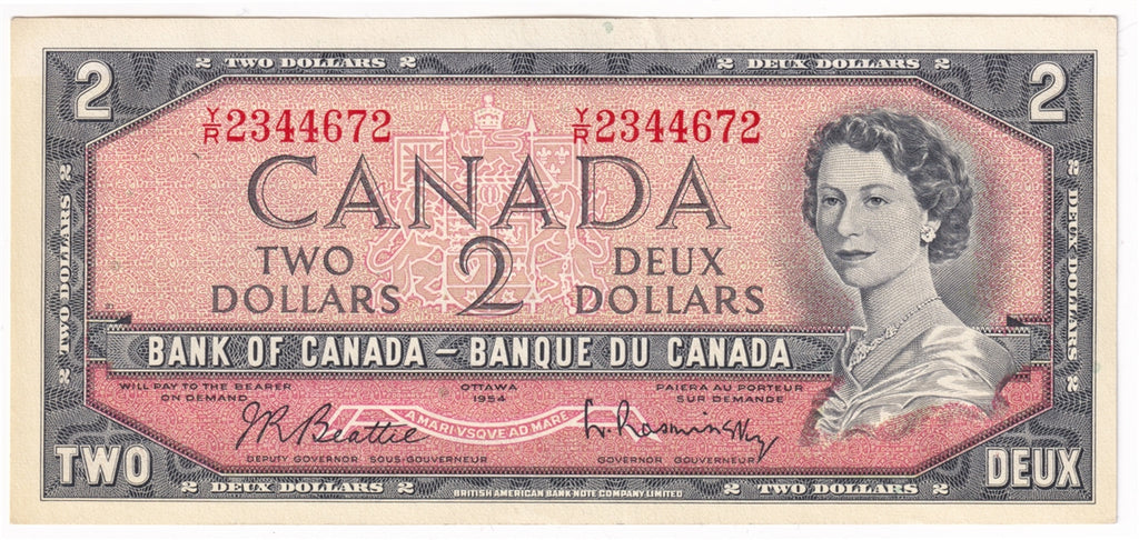 BC-38b 1954 Canada $2 Beattie-Rasminsky, Y/R, EF-AU (EF45)