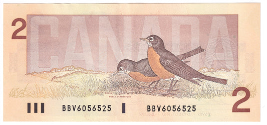 BC-55b 1986 Canada $2 Thiessen-Crow, BBV, Almost Uncirculated (AU50)