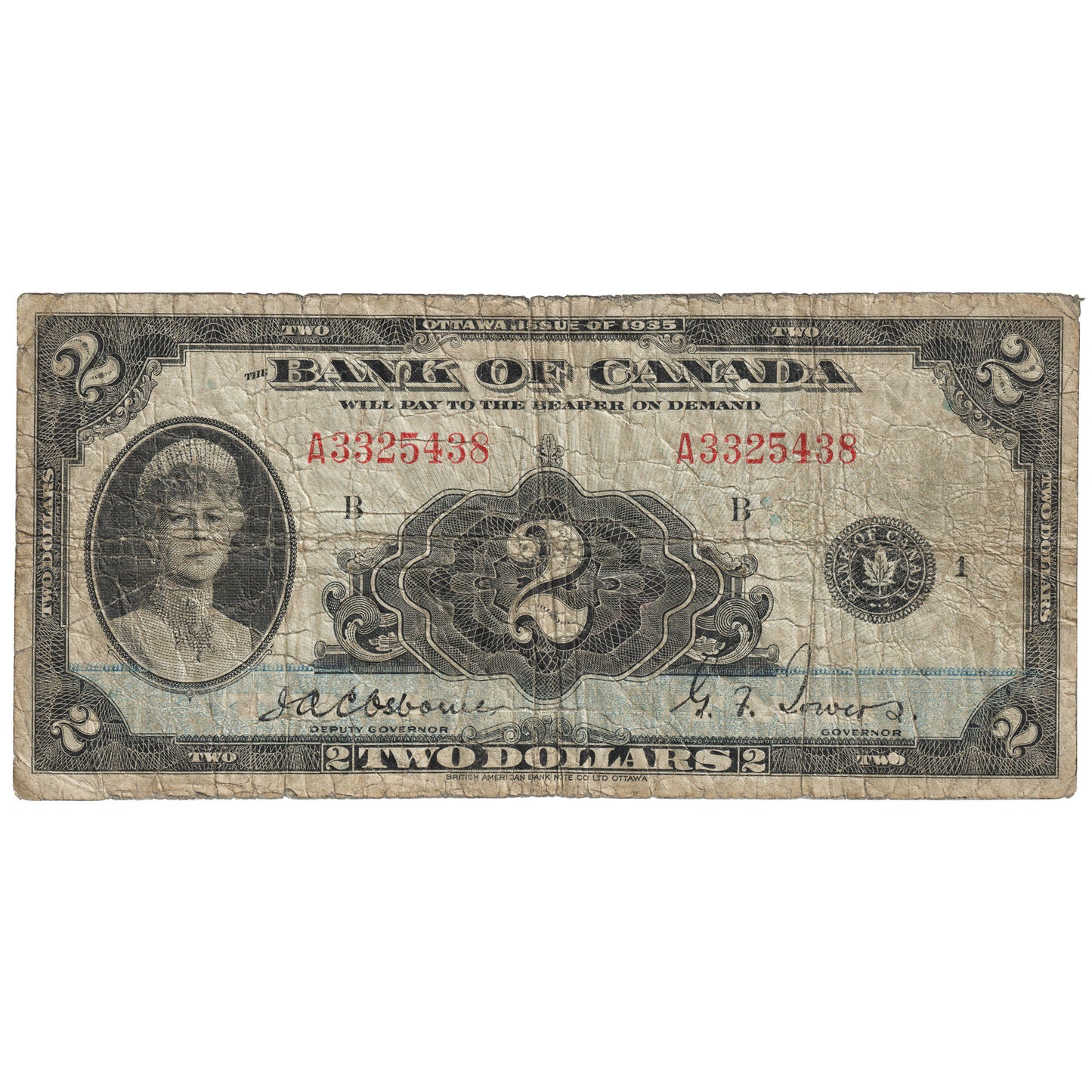 BC-3 1935 Canada $2 Osborne-Towers, English, Series A, Good (G4)