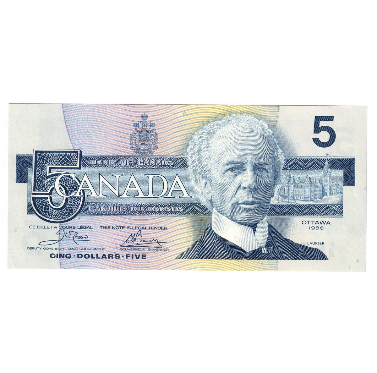 BC-56a-i 1986 Canada $5 Crow-Bouey, EON, AU-UNC (AU55)
